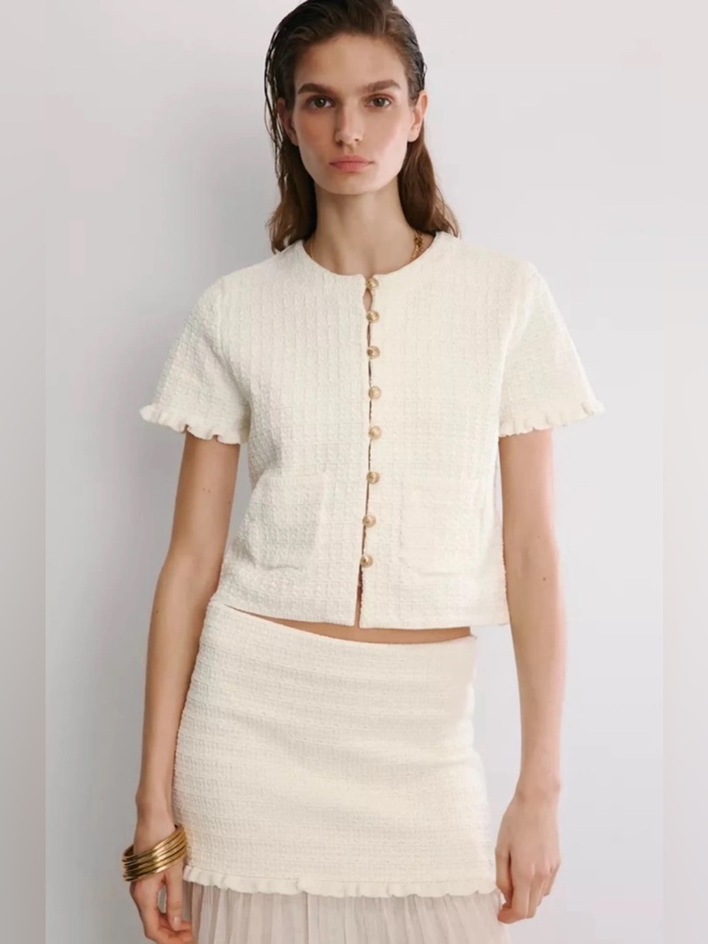 NWT Zara Cream Short-Sleeve Button-Front Top